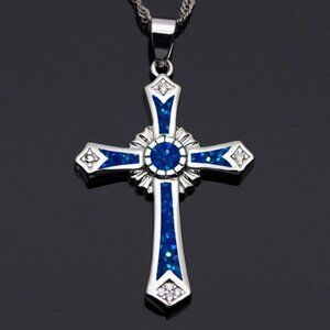 Dark Blue Opal Cross Pendant Necklace Christian Jewelry for Men‎ Women Gift